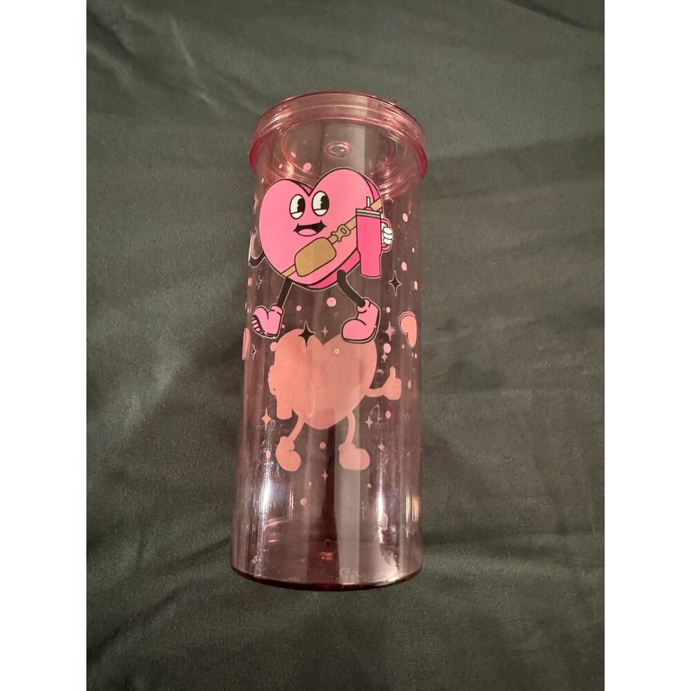 Retro Valentine Cartoon Pink Heart Tumbler with Lid - Belt Bag Design